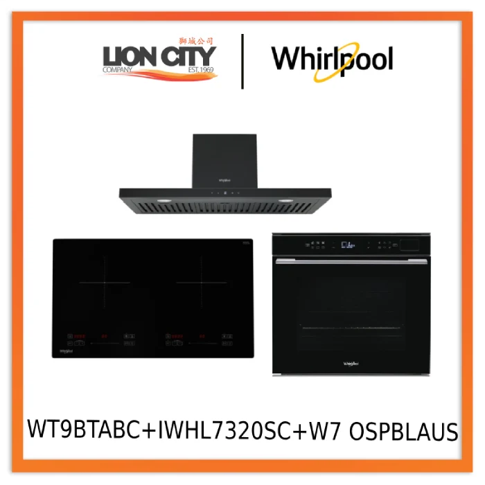 Whirlpool WT9BTABC 90cm Auto Clean T-Box Hood + IWHL7320SC 73cm 2 Zone Built-in Induction Hob + W7 OSPBLAUS 60cm 6TH SENSE Pyrolytic Oven with Assisted SteamSense